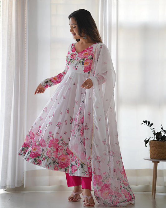 Organza Silk Floral Print Three Piece White Anarkali Suit Set