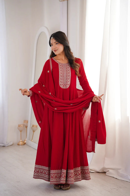 Red Pure Vichitra Silk Flared Anarkali Gown Set With Dupatta