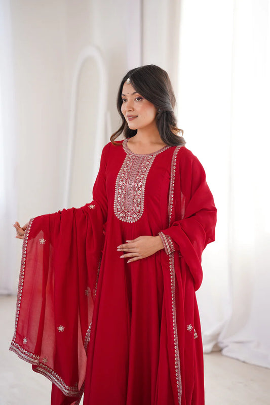 Red Pure Vichitra Silk Flared Anarkali Gown Set With Dupatta