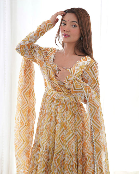 Soft Georgette Three Layer Ruffle Style Off-White Anarkali Suit Set