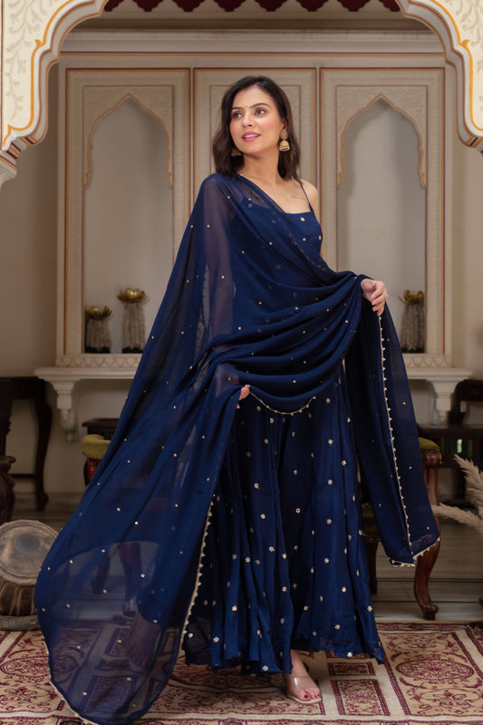 Starfall Blue Sequined Chinon Party Wear Anarkali Suit Set