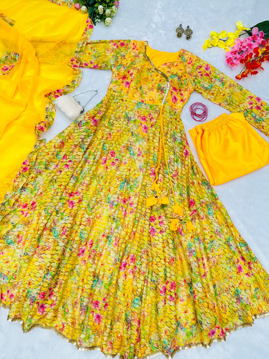 Multi Color Design With Yellow Color Wonderful Anarkali Gown