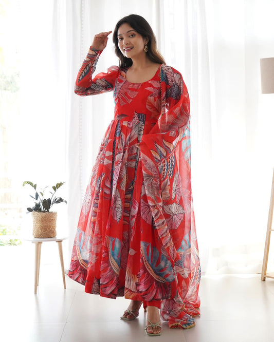 Pretty Multi Design With Red Color Anarkali Gown