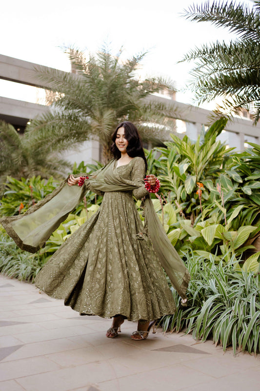 Pavani Green Georgette Sequence Embroidery Anarkali Suit Set
