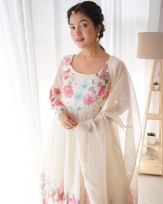 Digitally Printed & Embroidered Yoke Pure Soft Organza Anarkali Suit With Huge Flair Comes With Dupatta