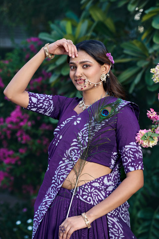 Janmashtami Special Cotton Chanderi Natural Batik Print Lehenga Choli Set with 4-Meter Flair