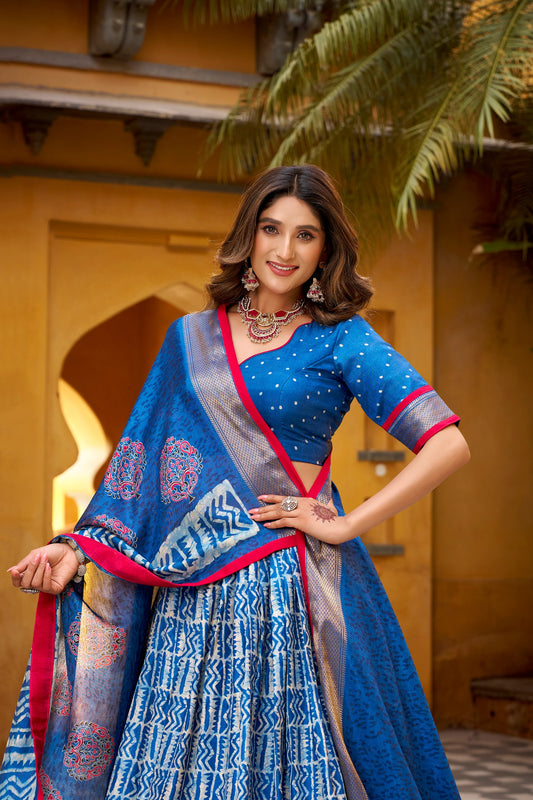 Traditional Dola Silk Batik Print Lehenga Choli with Zari Weaving Work & Matching Printed Dupatta