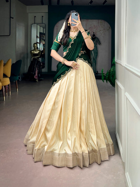 Special Poly Kotha Tussar Zari Border Lehenga with Zardozi Handwork Blouse & Sequins Dupatta