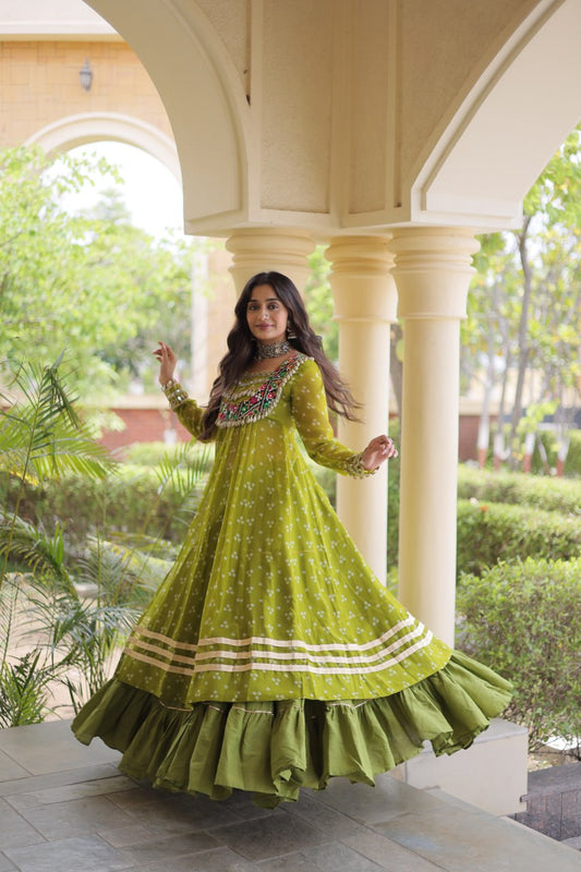 Indo-Western Festival Special: Bandhani Georgette Kurti with Mirror & Shell Kutchi Patchwork Yoke and Flared Lehenga