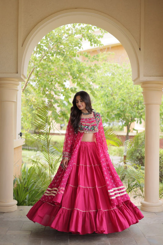 Indo-Western Festival Special: Bandhani Georgette Kurti with Mirror & Shell Kutchi Patchwork Yoke and Flared Lehenga