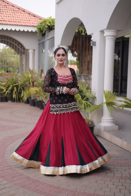 Festive Bandhani Print Georgette Jacket Top with Kutchi Gamthi Lace Blouse & Flared Rayon Lehenga