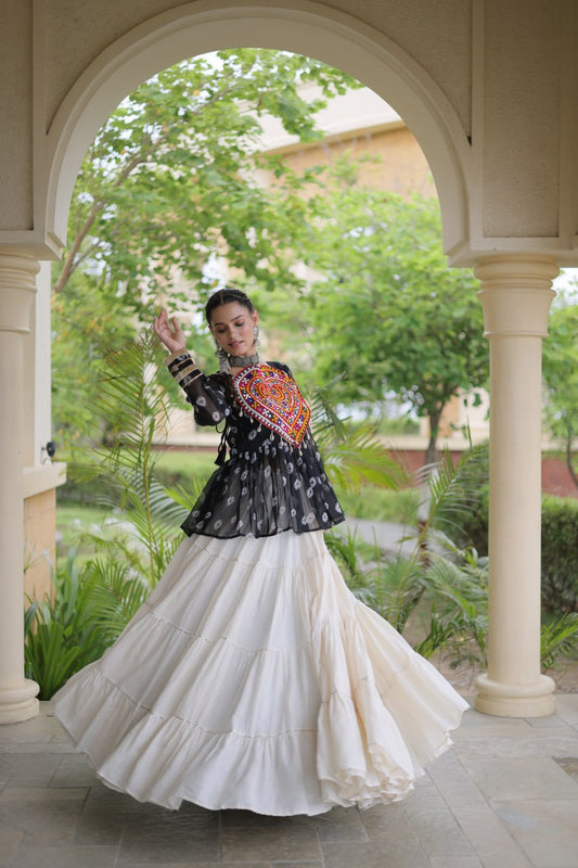 ndo-Western Navratri Set: Mirror & Patchwork Georgette Top with Heavy 12-Meter Frill Lehenga