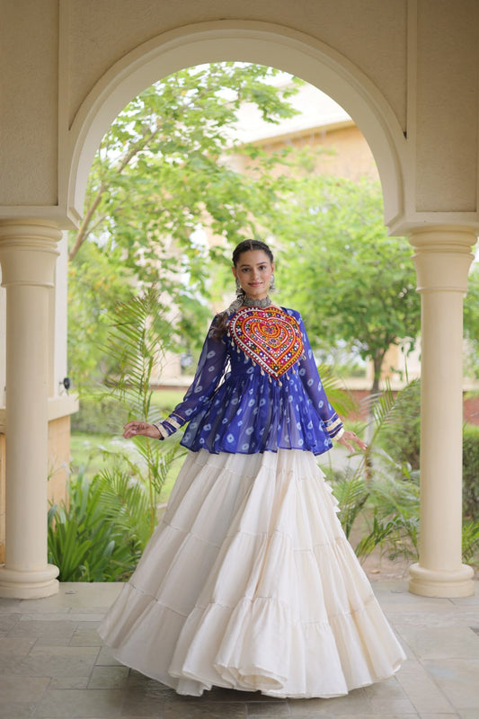 ndo-Western Navratri Set: Mirror & Patchwork Georgette Top with Heavy 12-Meter Frill Lehenga