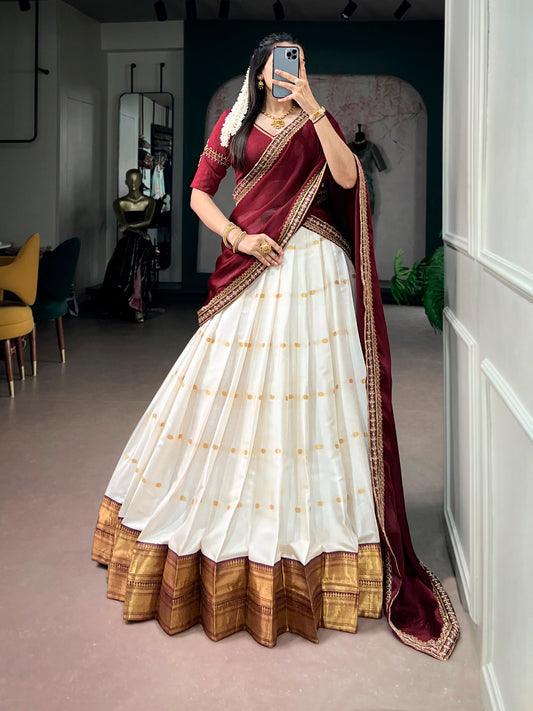 Traditional Silk Cotton Zari Weaving Lehenga Set with Beads Handwork Blouse & Sequins Embroidered Dupatta