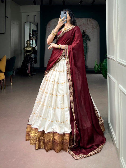 Traditional Silk Cotton Zari Weaving Lehenga Set with Beads Handwork Blouse & Sequins Embroidered Dupatta