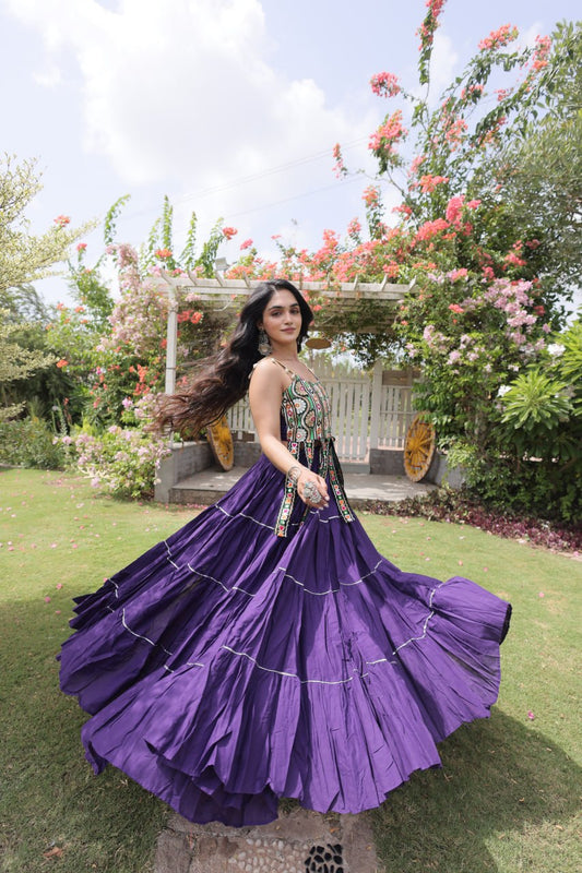 Sleeveless Kora Cotton Kutchi Patchwork Blouse with Flared Frill Lehenga Set