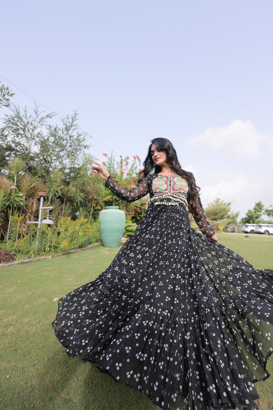 Full Sleeves Bandhani Printed Faux Georgette Gown with Kutchi Patchwork Yoke & 12-Meter Flair