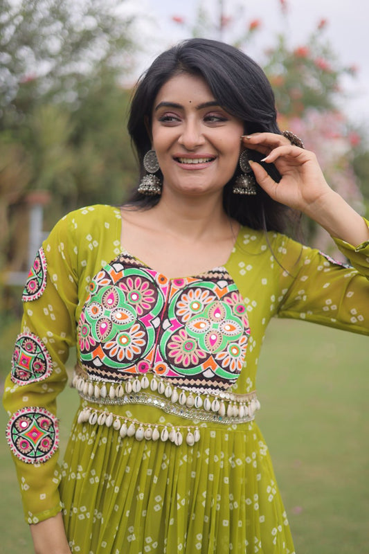 Full Sleeves Bandhani Printed Faux Georgette Gown with Kutchi Patchwork Yoke & 12-Meter Flair