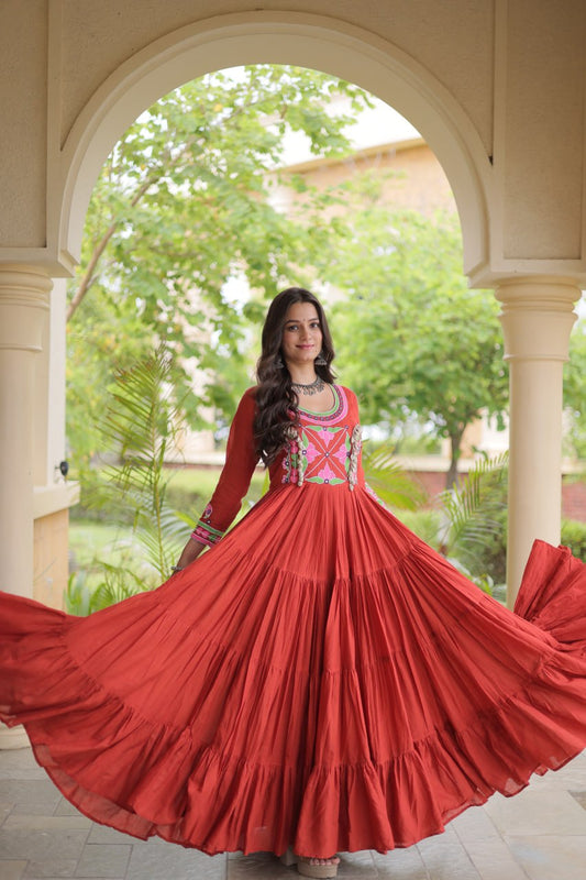 Kutchi Gamthi Embroidered Rayon Gown for Women