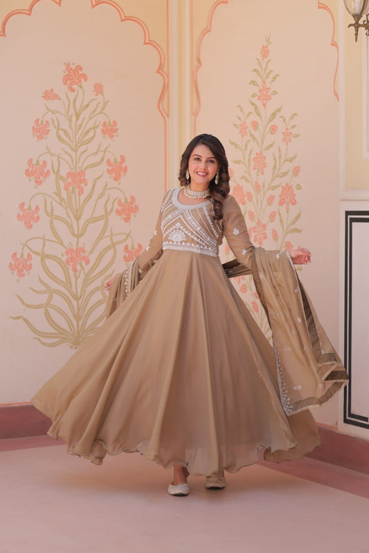 Women Embroidered Regular Silk Georgette Top With Dupatta