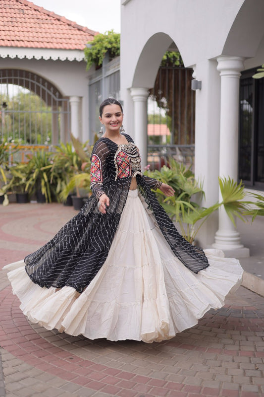 Full Sleeves Leheriya Print Georgette Kurti with Kutchi Patchwork & 12-Meter Flared Kora Cotton Lehenga Set