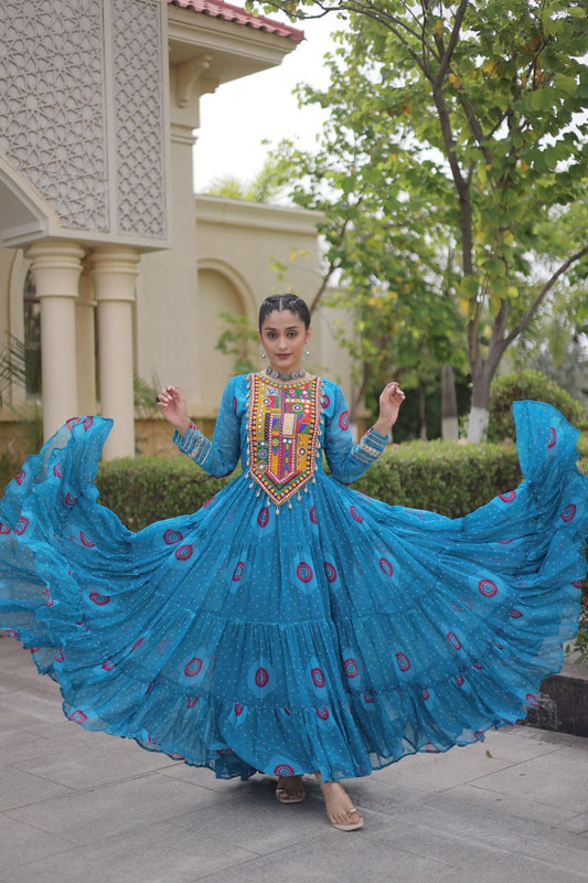 Faux Georgette Bandhani Print Gown with Kutchi Patchwork Yoke & Cowrie Shell Accents