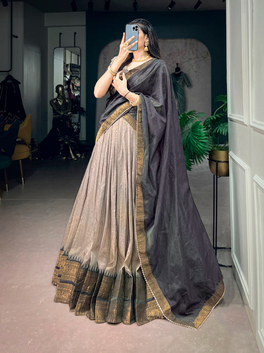 South Indian Style Poly Cotton Zari Woven Border Lehenga Choli Set with Gota Patti Dupatta