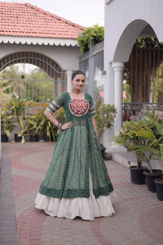 Kora Cotton 12-Meter Flared Frill Lehenga Set with Bandhani Print & Kutchi Patchwork Kurti