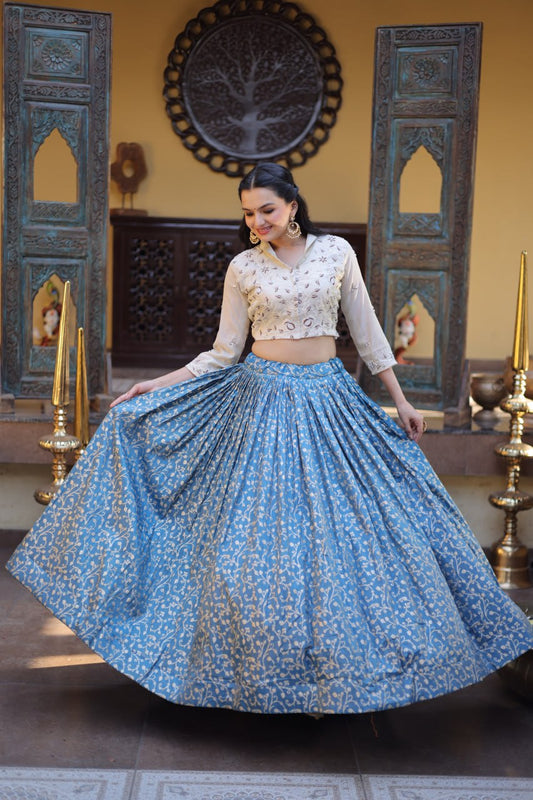 Cosmos Weaving Jacquard Flared Lehenga Set with Full-Stitched Beads Embroidered Blouse