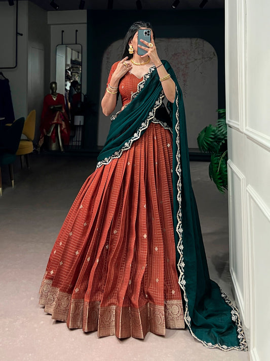 Special Chinon Checks Zari Weaving Langa Davani Set with Sequins Embroidered Dupatta Border
