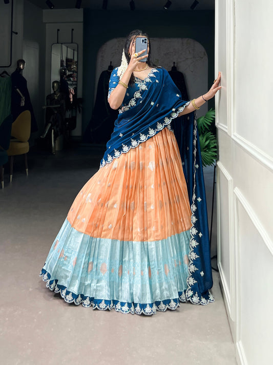 Zari Kota Weaving Lehenga with Sequins & Thread Embroidery Scallop Border, Banglory Blouse & Vichitra Silk Dupatta