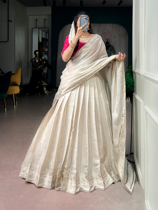 Onakkodi Special Poly Kanjivaram Zari Weaving Half Saree Set with Pearl & Bead Work Blouse