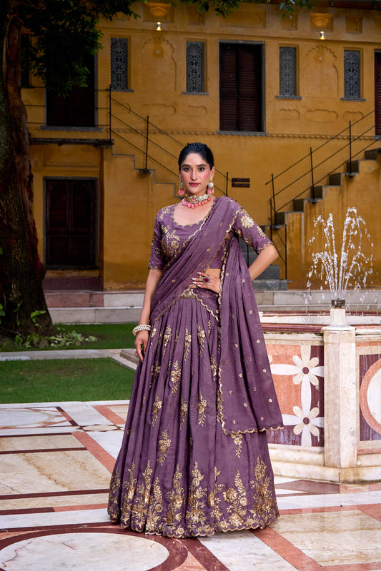 Chocolate Crush Golden Sequins & Thread Embroidered Lehenga Choli Set with Cancan & 3.50-Meter Flair
