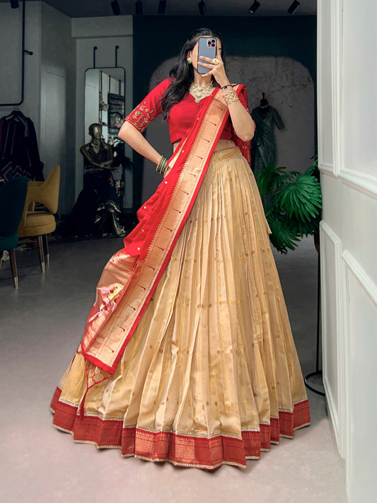 Paithani Special Kanchipuram Silk Zari Weaving Lehenga Set with Beadwork Blouse & Jacquard Tasseled Dupatta