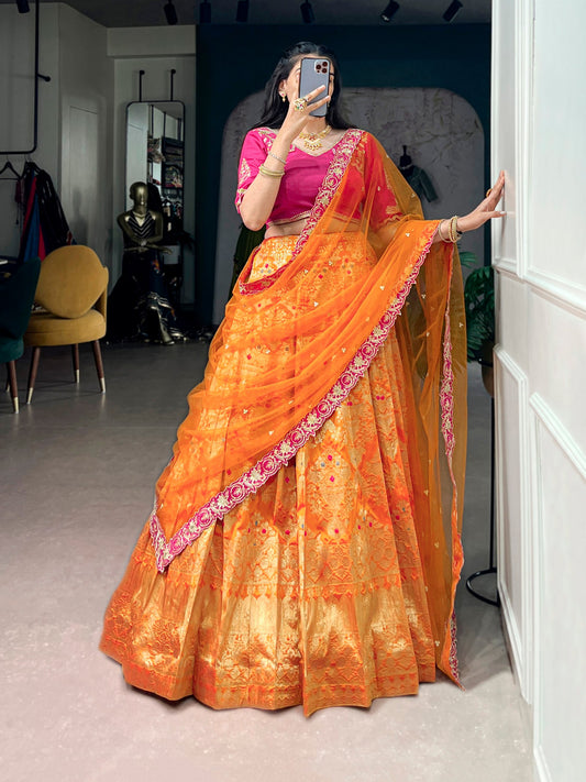 Jacquard Silk Woven Zari Lehenga Set with Embroidered Poly Silk Blouse & Net Sequins Dupatta