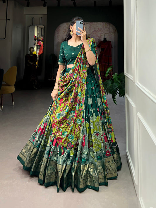 Tussar Silk Kalamkari Print & Foil Work Border Lehenga Choli Set with Gota Patti Dupatta