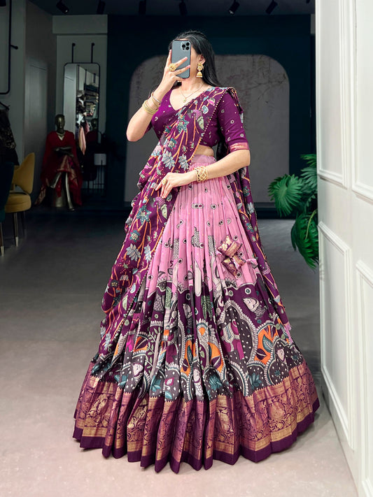 Tussar Silk Kalamkari Print & Foil Work Border Lehenga Choli Set with Gota Patti Dupatta