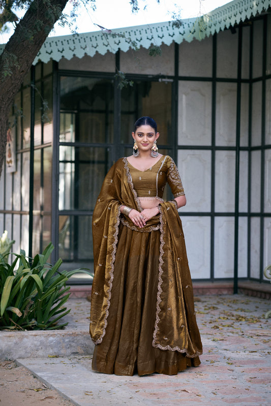 Pastel Fendi Sequins & Thread Embroidered Flared Lehenga Choli Set with Gold Lace Detailing