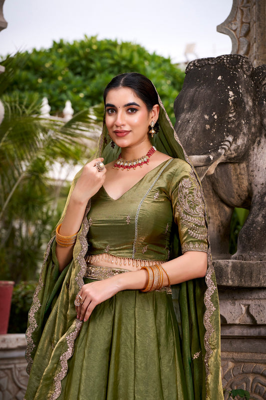 Pastel Fendi Sequins & Thread Embroidered Flared Lehenga Choli Set with Gold Lace Detailing