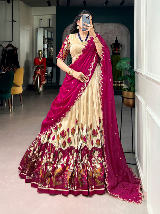 Tussar Silk Kalamkari Print Lehenga Choli Set with Zari Lace & Chinon Sequins Embroidered Dupatta