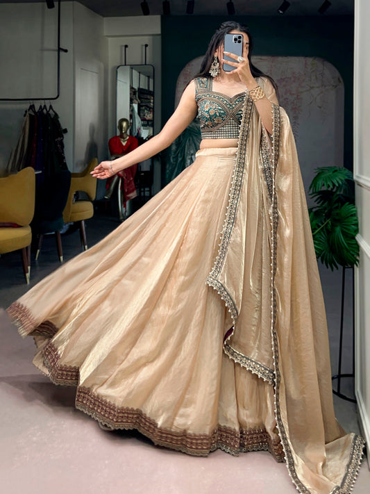 Zariya Muse Frendysilk Flared Lehenga Set with Sequins Embroidered Banglory Blouse & Lace Dupatta