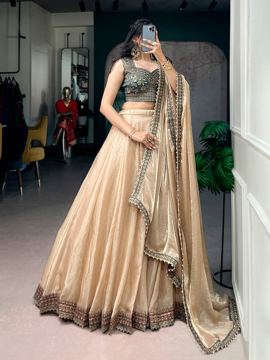 Zariya Muse Frendysilk Flared Lehenga Set with Sequins Embroidered Banglory Blouse & Lace Dupatta