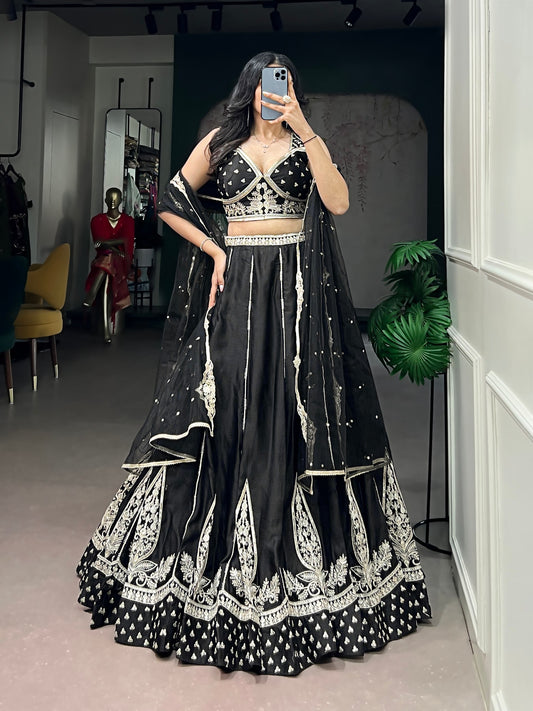 Naysha Silk Thread & Sequins Embroidered Flared Lehenga Choli Set with Net Dupatta