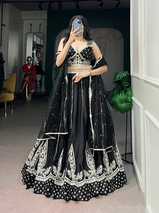 Naysha Silk Thread & Sequins Embroidered Flared Lehenga Choli Set with Net Dupatta