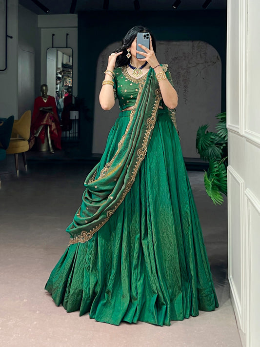 Emerald Silk Plain Flared Lehenga Set with Sequins Embroidered Blouse & Dupatta