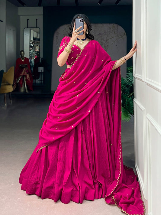 Emerald Silk Plain Flared Lehenga Set with Sequins Embroidered Blouse & Dupatta