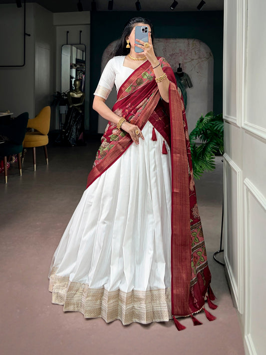 Poly Kanjivaram Zari Weaving Border Flared Lehenga Set with Kalamkari Printed Tussar Dupatta & Unstitched Blouse