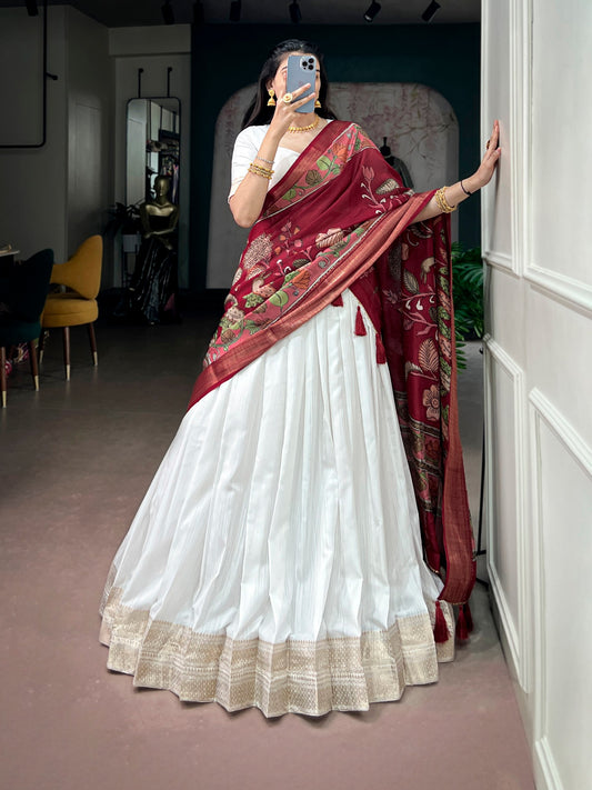 Poly Kanjivaram Zari Weaving Border Flared Lehenga Set with Kalamkari Printed Tussar Dupatta & Unstitched Blouse