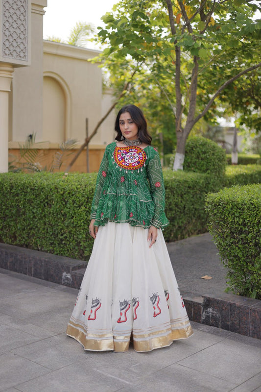 Kora Cotton Gota-Lace 6-Meter 24-Kali Flared Lehenga Set with Kutchi Gamthi Patchwork Bandhani Top