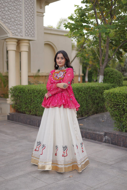 Kora Cotton Gota-Lace 6-Meter 24-Kali Flared Lehenga Set with Kutchi Gamthi Patchwork Bandhani Top